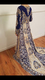 ROYAL BLUE AND GOLDEN HEAVY EMBROIDERED BRIDAL WEAR GOWN - Asian Party Wear