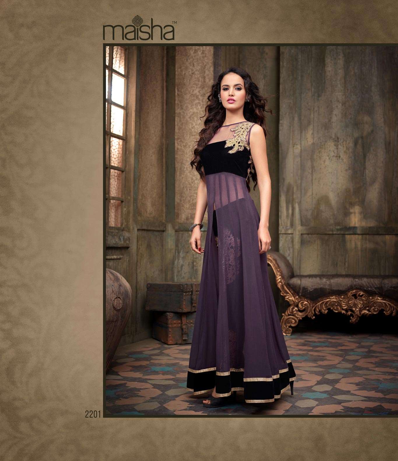Black Velvet with Violet Georgette Anarkali Dress By Maisha Crush (Ma2201)