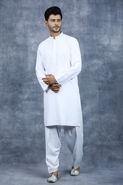 White Pakistani Mens Kurta Shalwar Kameez Casual Suit - Asian Party Wear