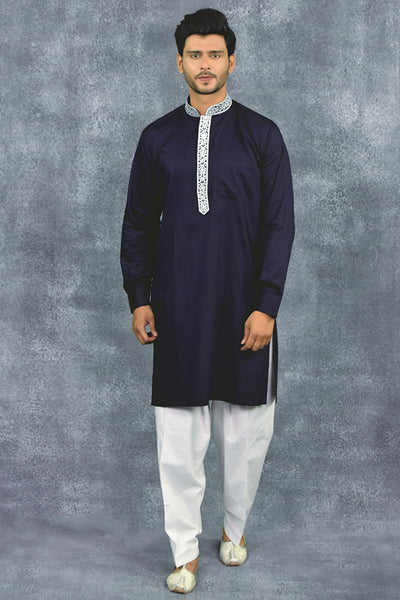 Navy Blue & White Mens Eid Kurta Shalwar - Asian Party Wear