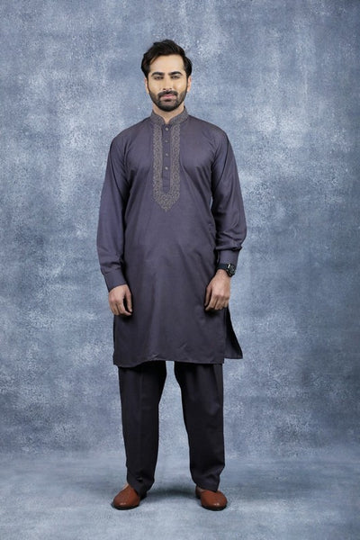 Mauve Embroidered Kurta Shalwar Pakistani Designer Menswear - Asian Party Wear