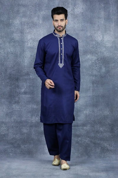 Navy Blue Pakistani Mens Kurta Shalwar Designer Suit - Asian Party Wear