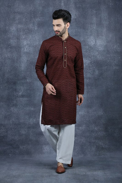 Dark Maroon & White Modern Shalwar Pakistani Menswear Suit - Asian Party Wear