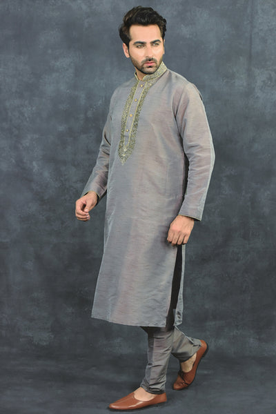 Fawn Embroidered Mens Kurta Pajama Indian Menswear - Asian Party Wear