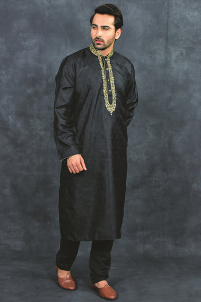 Black Embroidered Kurta Indian Mens Designer Festive Suit - Asian Party Wear