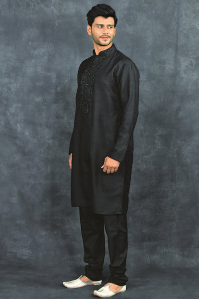 Black Mens Eid Kurta Pajama Pakistani Festive Suit - Asian Party Wear