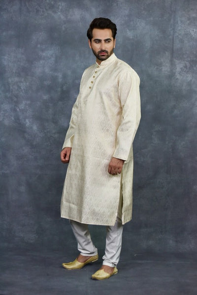 Cream Ethnic Men's Kurta Pajama Suit Embroidered Wedding Outfit - Asian Party Wear