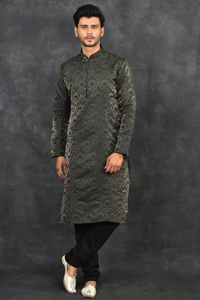 Black Self Fabric Kurta Pajama Indian Menswear - Asian Party Wear