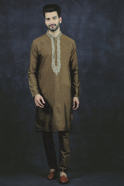 Brown Embroidered Kurta Pajama Mens Wedding Wear Suit - Asian Party Wear