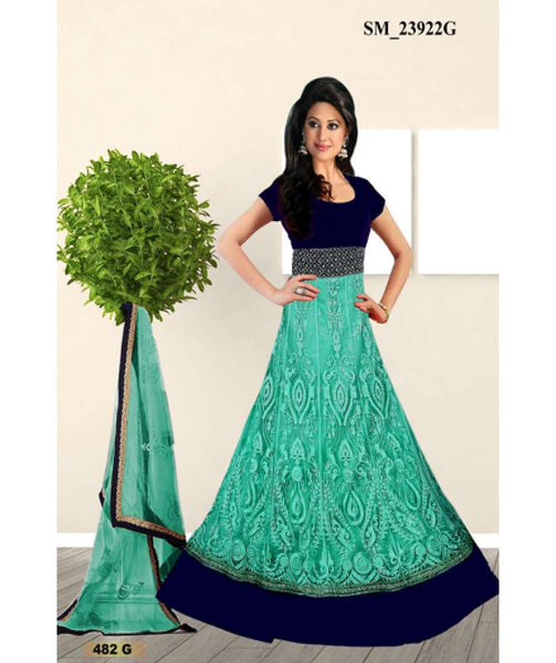 Teal Blue WEDDING WEAR Resham Work Net Designer Anarkali Suit - Asian Party Wear