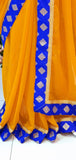 SAFFRON AND CLASSIC BLUE CONTRAST PARTY WEAR SAREE - Asian Party Wear