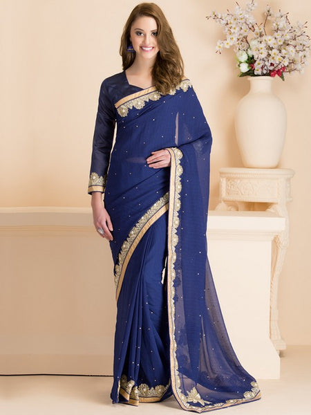 BLUE PARTY WEAR SAREE WITH FULL SLEEVE BLOUSE (READY MADE) - Asian Party Wear