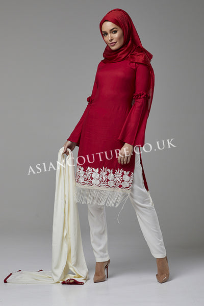 SAMBA RED AND OFF WHITE READY TO WEAR CASUAL SUIT - Asian Party Wear