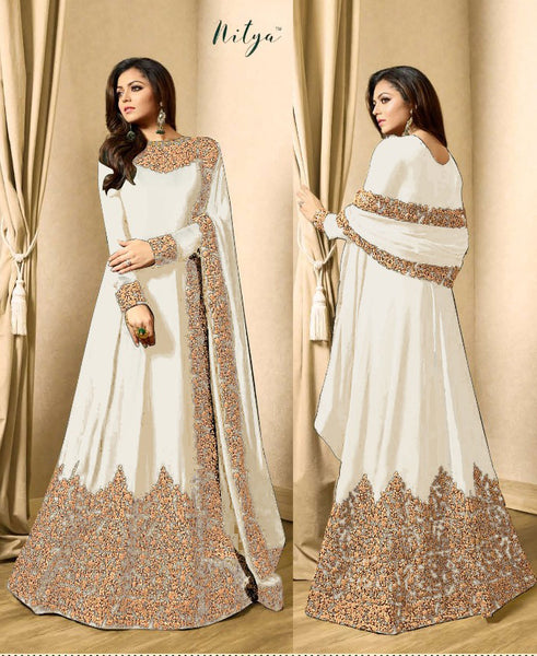 OFF WHITE EMBELLISHED AND EMBROIDERED FLOOR LENGTH ANARKALI SUIT - Asian Party Wear