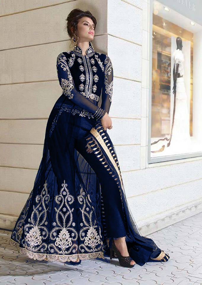 EVENING BLUE INDIAN WEDDING VELVET DRESS - Main Image