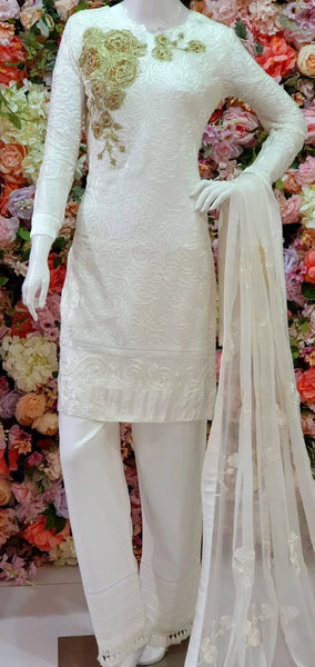 WHITE PREMIUM CHIFFON HEAVY SELF RESHAM READYMADE PAKISTANI SPRING WEDDING SUIT - Asian Party Wear