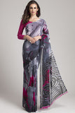 STUNNING GREY AND PLUM PRINTED SAREE - Asian Party Wear