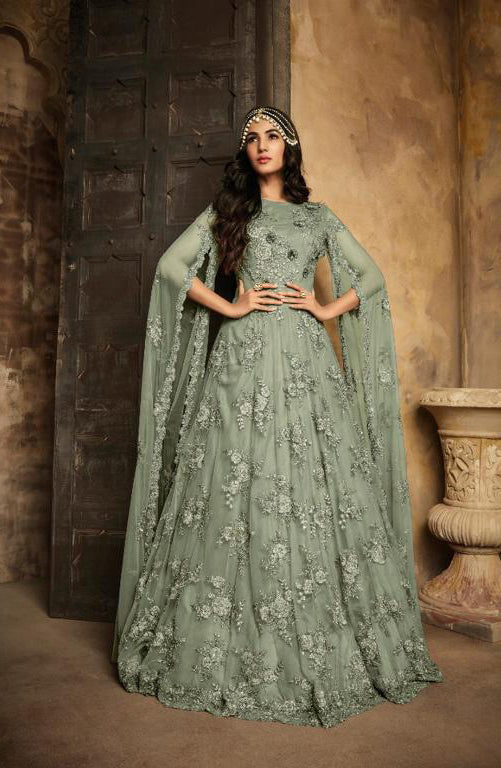 ASH GREEN INDIAN ETHNIC BRIDAL ANARKALI GOWN ASH GREEN INDIAN ETHNIC BRIDAL ANARKALI GOWN