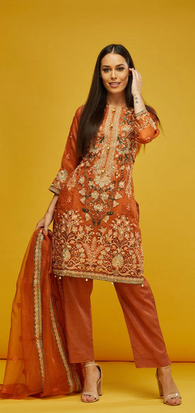 ORANGE PAKISTANI DESIGNERS READYMADE SALWAR SUIT - Asian Party Wear