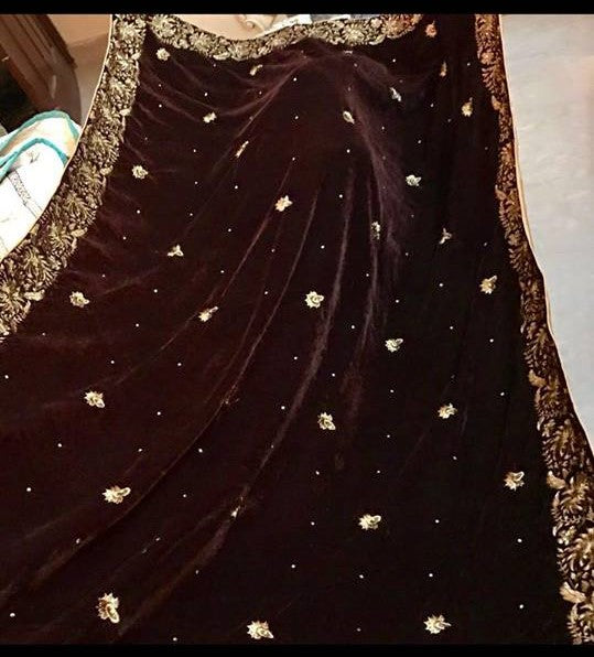 Long Brown Embroidered Velvet Shawl - Asian Party Wear