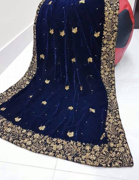 Long Blue Embroidered Velvet Shawl - Asian Party Wear