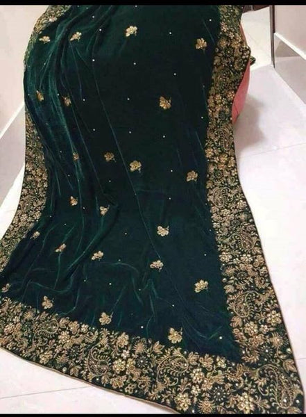 Long Green Embroidered Velvet Shawl - Asian Party Wear