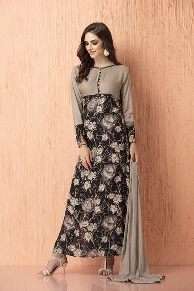 Black & Grey Floral Printed Readymade Dress - Asian Party Wear