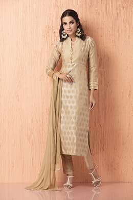 Golden Taffta & Jute Jacquard Readymade Suit - Asian Party Wear