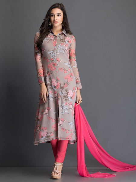 Pink Floral Printed Readymade Suit - Asian Party Wear