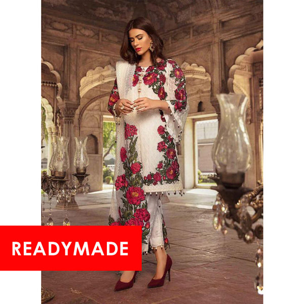 WHITE ROSE MOTIF FOX GEORGETTE READYMADE SUIT - Asian Party Wear