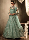 SAGE GREEN DESI WEDDING WEAR BRIDAL GOWN - Asian Party Wear