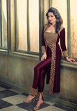 PLUM EMBROIDERED VELVET ETHNIC DRESS (COMES WITH GOLD TROUSER) - Asian Party Wear