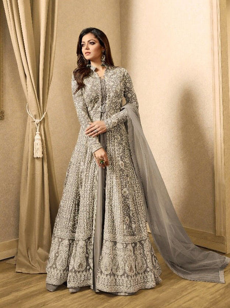 EID DRESS COLLECTION : GREY EMBELLISHED ANARKALI SUIT - Asian Party Wear