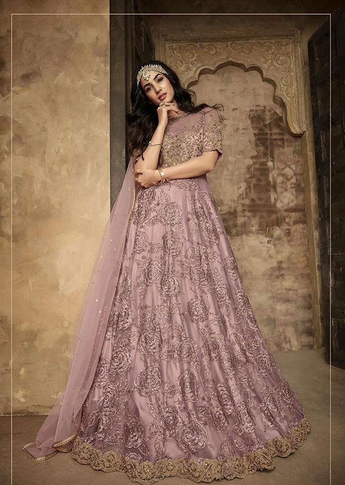 Pink georgette embroidery indian party gown with dupatta - maxi gown ,