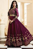 17001 PLUM GLOSSY SIMAR HEAVY EMBROIDERED SEMI STITCHED ANARKALI STYLE GOWN - Asian Party Wear