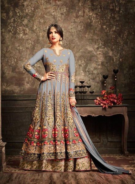 Harbor Mist and Gold Wedding Wear Bridal Gown Anarkali Long Indian Dress - Asian Party Wear