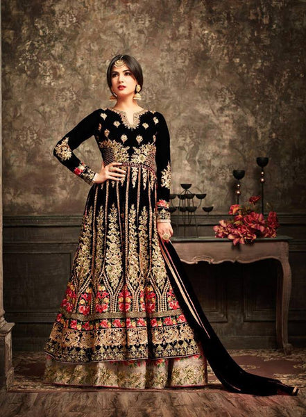 Black and Gold Wedding Wear Bridal Gown Anarkali Indian Long Dress - Asian Party Wear