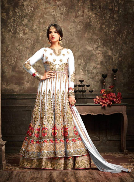 White and Gold Wedding Wear Bridal Gown Anarkali Indian Long Dress - Asian Party Wear