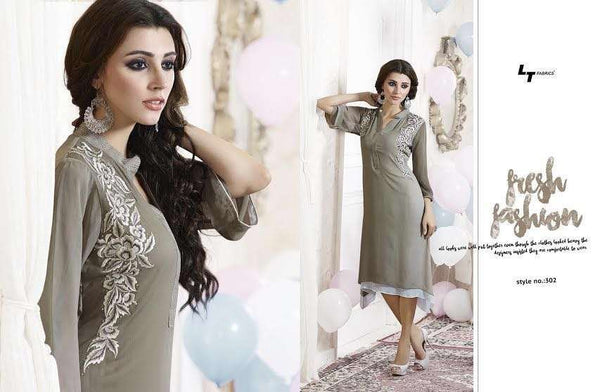 302 GREY LT NITIA READY MADE GEORGETTE EMBROIDERED KURTI - Asian Party Wear