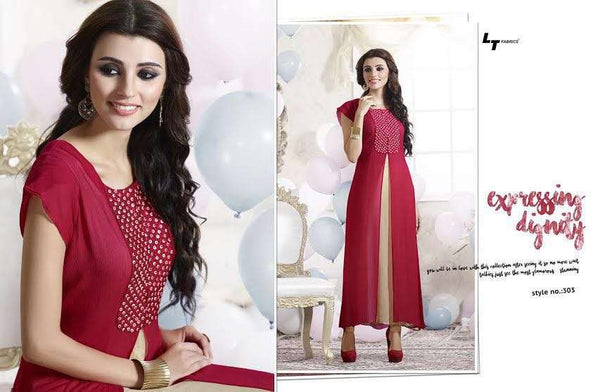 303 RED LT NITIA READY MADE GEORGETTE EMBROIDERED KURTI - Asian Party Wear