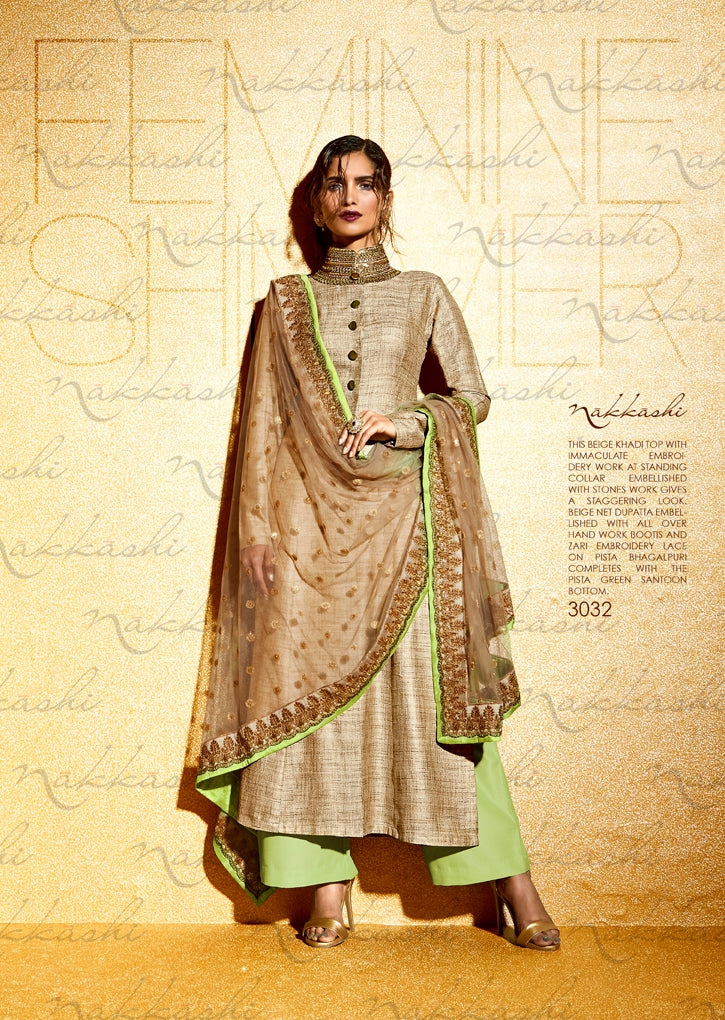 3032 BEIGE AND PISTA NAKKASHI GOLD DUST WEDDING WEAR DRESS 3032 BEIGE AND PISTA NAKKASHI GOLD DUST WEDDING WEAR DRESS