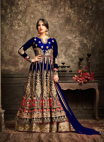 Sailor Blue and Gold Wedding Wear Bridal Gown Anarkali Long Indian Dress - Asian Party Wear