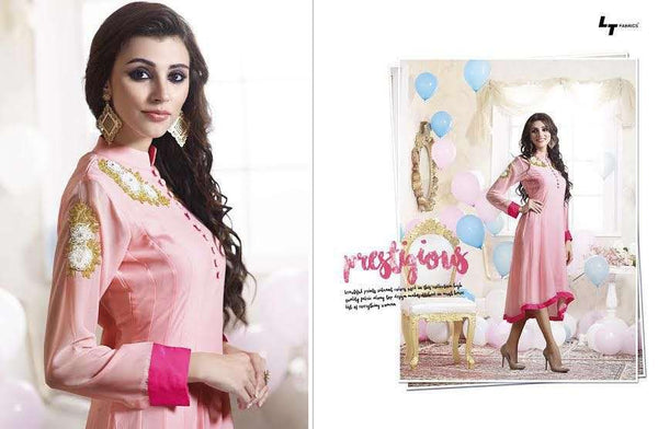 305 PINK LT NITIA READY MADE GEORGETTE EMBROIDERED KURTI - Asian Party Wear