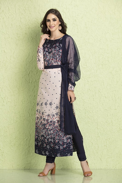 AC-114 BLUE AND WHITE AMERICAN CRAPE AND CHIFFON CHURIDAR READY MADE SUIT - Asian Party Wear