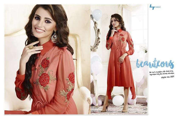 307 ORANGE LT NITIA READY MADE GEORGETTE EMBROIDERED KURTI - Asian Party Wear