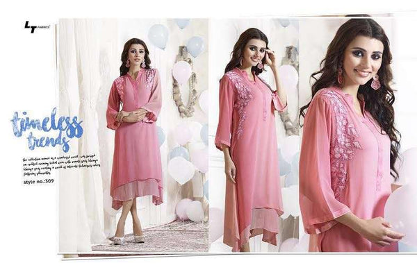 309 PINK LT NITIA READY MADE GEORGETTE EMBROIDERED KURTI - Asian Party Wear