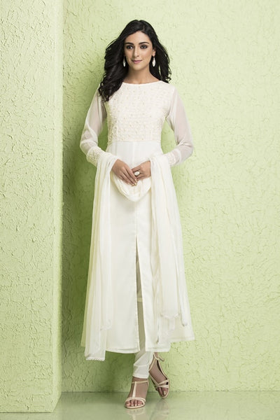 AC-119 WHITE CREPE AND CHIFFON EMBROIDERED READY MADE SUIT - Asian Party Wear