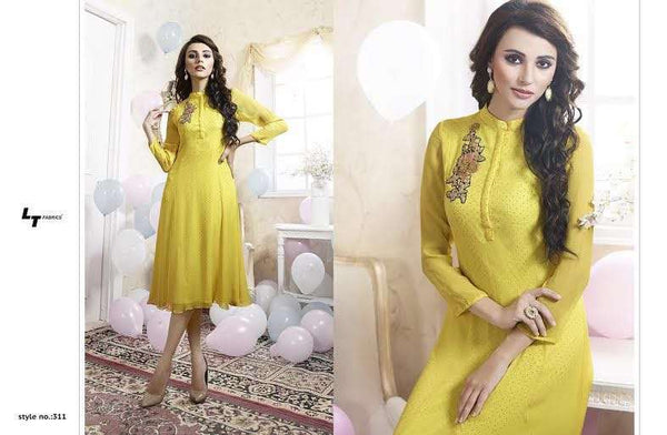 311 YELLOW LT NITIA READY MADE GEORGETTE EMBROIDERED KURTI - Asian Party Wear