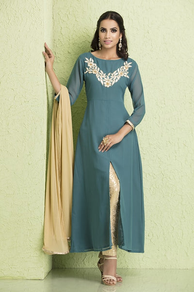 ZAC-120 Aqua Marine  GOLDEN CHIFFON, GEORGETTE AND JUTE READY TO WEAR SUIT - Asian Party Wear