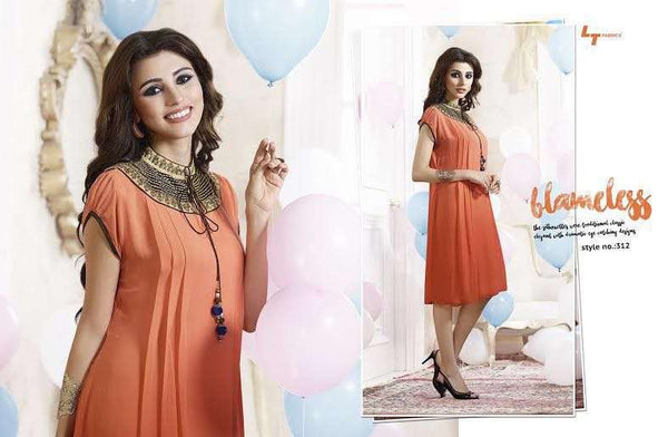 312 ORANGE LT NITIA READY MADE GEORGETTE EMBROIDERED KURTI - Asian Party Wear